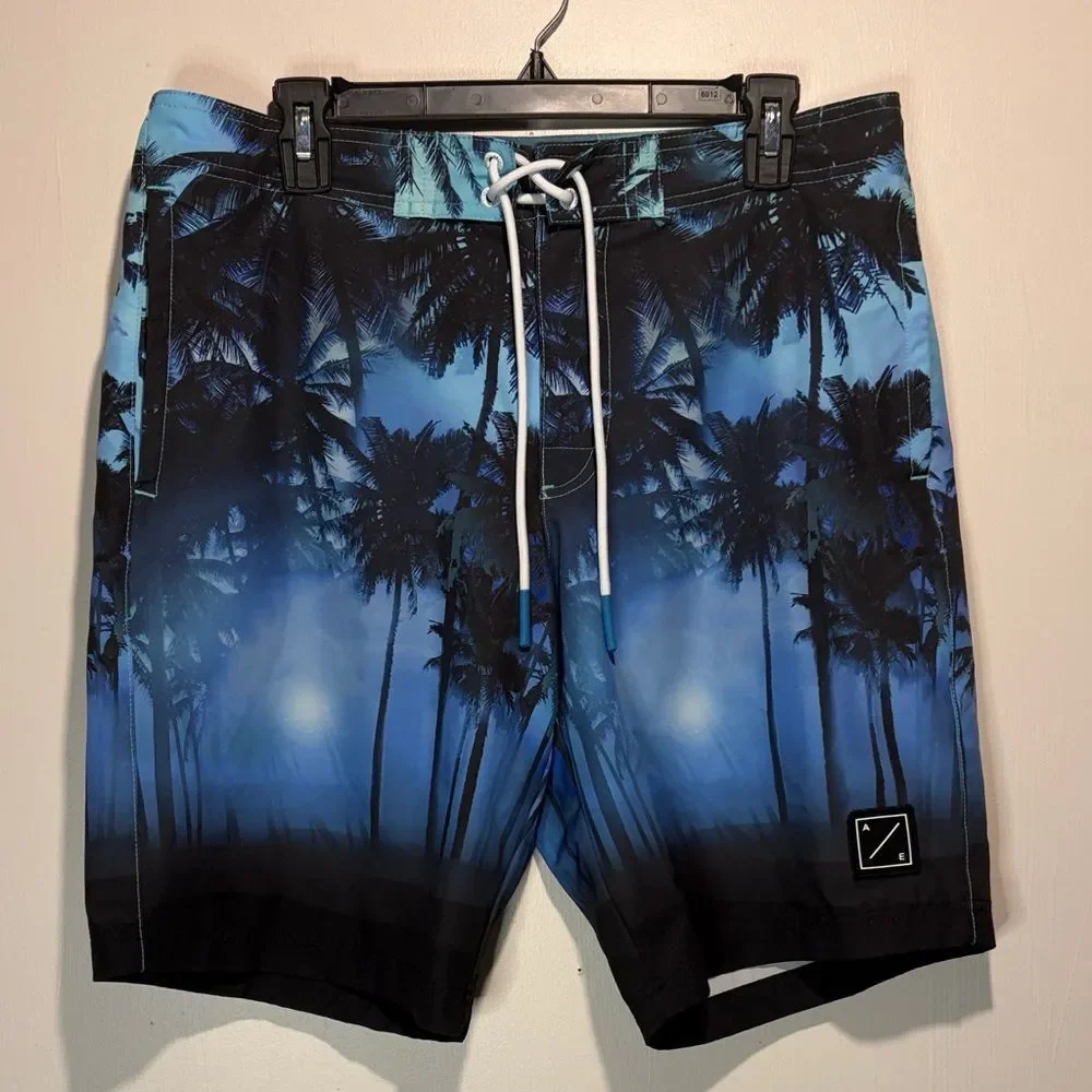 American Eagle- Blue Black Palm Tree Design Men's Swim Board Shorts- Size M